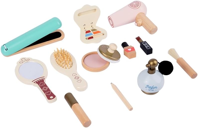 Practical Life Care of Self - Juego de juguetes de maquillaje de madera, 12 piezas para niñas, imaginativo, juego de simulación, bolsa de belleza,
