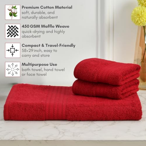 Image of Mafatlal Joy Cotton Bath & Hand Towel Set - Pack of 3 | 1 Bath Towel (58 x 29 inch) + 2 Hand Towels | Soft, Quick Dry | 450 GSM | Flery Red | Highly Absorbent for Daily Use