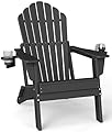 Plawdlik Oversized Folding Adirondack Chair, HDPE All-Weather Patio Chair with 2 Cup Holders, High Back Wide Seat Fire Pit Chair for Outdoor Lawn Garden, Black