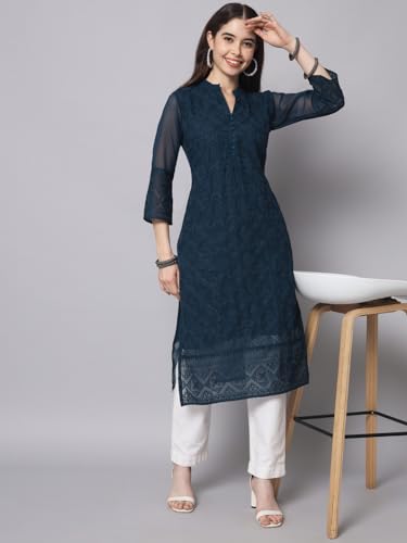 Image of Ekasya Women's Georgette Embroidered Work Kurta with Notch Neck 3 /4 Sleeves Straight Cut Calf Length | E1547