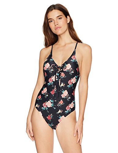 Amazon Brand - Mae Women's Swimwear Hannah Lace Up Front One Piece Swimsuit (for A-C cups),Black Floral Print,Medium