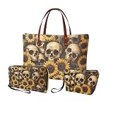 Sannovo Skull Sunflower Top Handle Purse Set for Women, Large Satchel Shoulder Hobo Bag, Lightweight Tote With PU Clutch and Leather Make Up Bag, Yellow