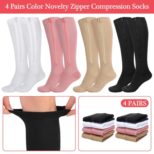 Tarpop 4 Pairs Women Zipper Compression Sock Colorful 20-30mmhg Compression Stockings with Zipper for Women Swelling Edema4