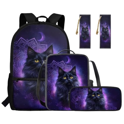 HUGS IDEA Galaxy Black Cat Backpack for Girls 17 Inch School Bag with Lunch Box Lightweight School Bookbag for Middle Students 4 Piece Girls Book Bag and Lunch Box Mochilas Para NiñA