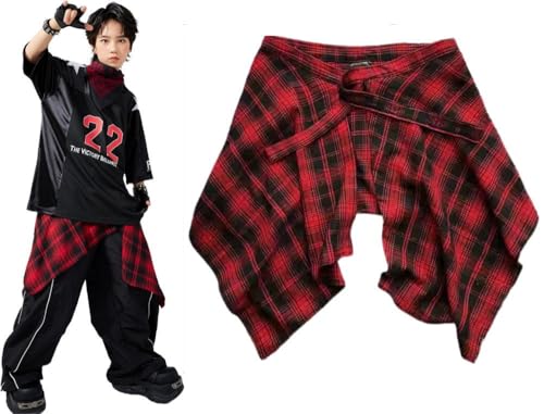 [ミカドレス] つけ裾 チェック柄 お尻が隠れる ダンス衣装 ヒップホップ シャツ 大きいサイズ 巻きスカート 重ね着風 キッズ メンズ レディース 子供 膝丈スカート【c40n-p0】 (チェック柄（ブラック、レッド）)（Amazon）