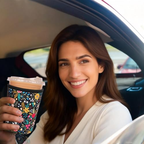 Image of Reusable Insulated Sleeve for Iced Coffee Cup, Coffee Neoprene Sleeve for Cold & Hot Drinks, Beverage Holder for Iced Coffee (Lush Blossom, Small: 16-18oz)