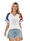 UYIQL Independence Day Shirt Women Celebrate 4th of July Patriotic Tshirt V Neck Short Sleeve Fireworks Graphic Tee Tops White L