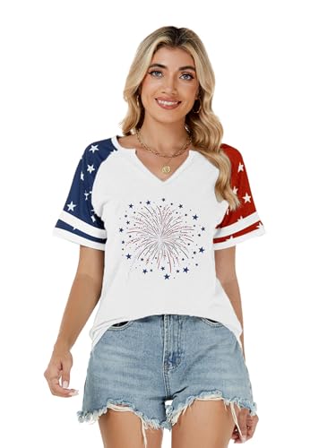 UYIQL Independence Day Shirt Women Celebrate 4th of July Patriotic Tshirt V Neck Short Sleeve Fireworks Graphic Tee Tops White L