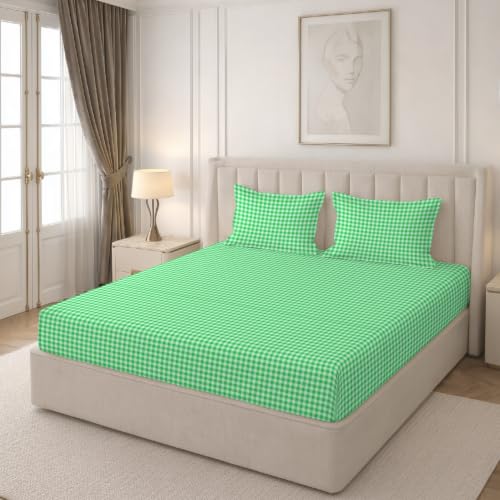 Image of MORADO Glace Cotton Flat Bedsheet for Double Bed with Zipper Pillow Covers, Soft Breathable Comfortable Bedding Sheet, Wrinkle Resistant Bed Cover for Bedroom Home Use 90x100 Inches,Green Check