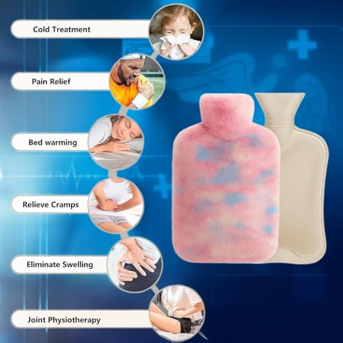 Image of Hot Water Bag with Soft Plush Cover 2000ml, Medical Grade Silicone Hot Water Bottle for Period Cramps, Hot & Cold Therapy, Back Pain, Muscle Aches, Body Relaxation Heating Pad (Rainbow Swirl)