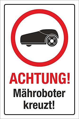Werbepunkt Achtung Mähroboter Schild Alu-Verbund