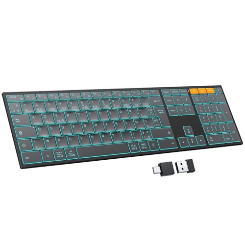 OMOTON Clavier sans Fil Métal, Bluetooth 2.4G Rétroéclairé Clavier, Rechargeable avec 2 Canaux Keyboard à Ciseaux AZERTY Français Ergonomique Silencieux pour PC/Mac/Windows (Gris Graphite)