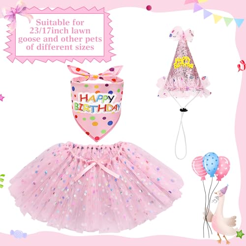 Locmeo 3 Pcs Birthday Porch Goose Outfit for 23" /17" Cement Lawn Goose Clothes Happy Birthday Hat and Tutu Skirt Bandana(Pink)