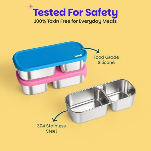 Image of Basil Stainless Steel 2 Compartment Pickle & Dip Container | Chutney Box for Tiffin | Leak Proof Container with Food Grade Silicone Lid | Dip Box for Ketchup & Sauces | School & Office - Blue