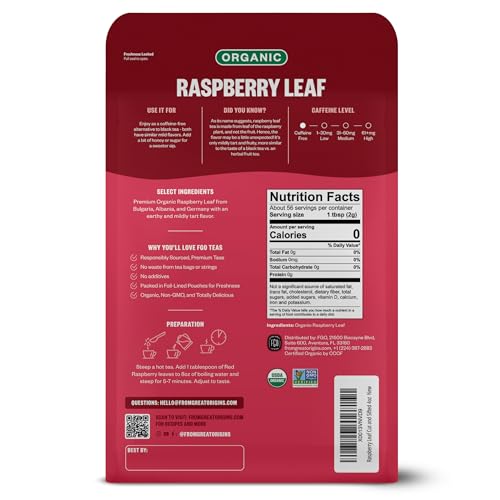 Image of FGO Organic Red Raspberry Loose Leaf Herbal Tea, Cut and Sifted, Caffeine Free, Resealable Bag, 4oz (Pack of 1)