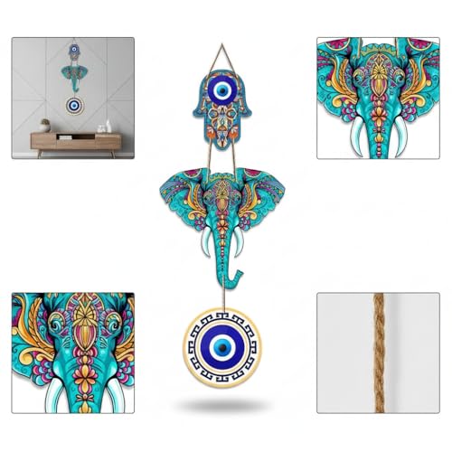 Image of Evil Eye Wall Hanging for Home Entrance | Nazar Suraksha Decorative Hanging | Blue Evil Eye Protection Charm | Handmade Wall Decor for Home, Office, Shop & Temple (Elephant)
