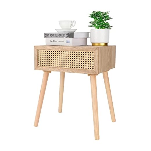Rattan Nightstand with Drawer, Bedside Table, End Table with Storage, Modern Boho Nightstands, Mid-Century Coffee Table, Small Side Tables for Living Room Bedroom Office Balcony (Natural Walnut)