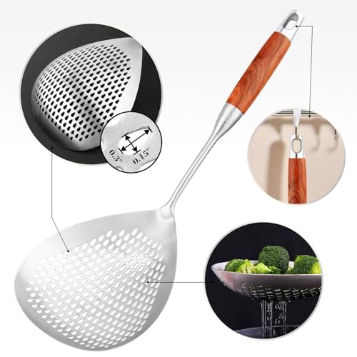 Image of 2 pcs 40 cm Stainless Steel Skimmer Spoon | 316 Grade Deep Fry Strainer with Wooden Handle | Heat Resistant Slotted Ladle for Frying, Cooking & Oil Draining