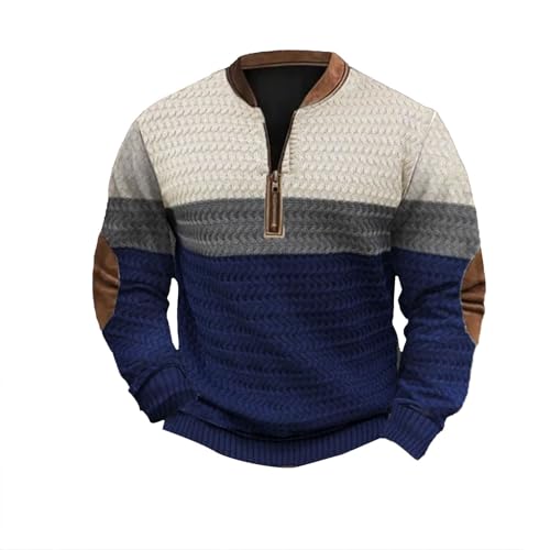 Mens Vintage Knit Print Zip-Up Sweatshirt Plus Size Long Sleeve Sweater with Elbow Patches Pullover Clothes