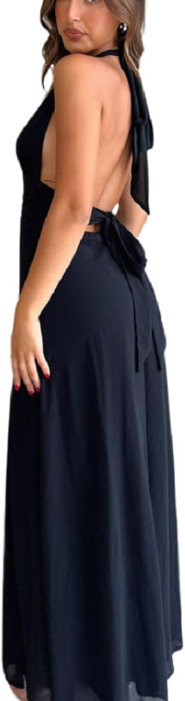 ANKOMINA Women's Sexy V Neck Halter Backless Maxi Dress Ruched High Split Long Bodycon Dresses for Party Cocktail Evening - Image 3