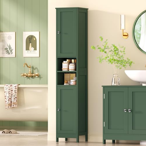 Image of TEENFON 67 inch Tall Bathroom Cabinet with Adjustable Shelves and Doors, Narrow Bathroom Storage Cabinet for Small Space, Living Room, Entryway, Kitchen, Green