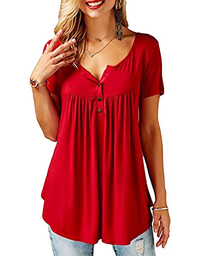 YOINS Femme Tee-Shirt Mode Manches Courtes Top Été Chic Sweatshirt Loose Tunique Haut Lâche Chemise Casual Col Rond, Rouge, XL