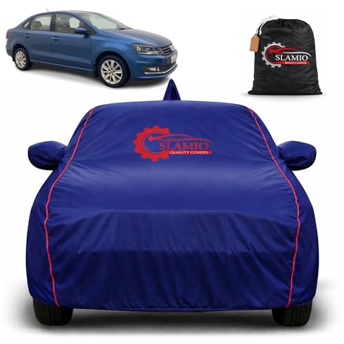 Image of 100% Waterproof Car Cover for Volkswagen Vento 2010-2016 | Heavy-Duty 3-Layer | All-Weather Rain, UV, Dust & Dirt Protection | Custom Fit with Mirror & Antenna Pockets | Navy Blue