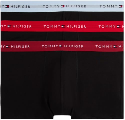 Image of Tommy Hilfiger Men’s 3 Pack Trunks with Logo Waistband, Multicolor (Prim Red/Reg Red/Vess Blu), S