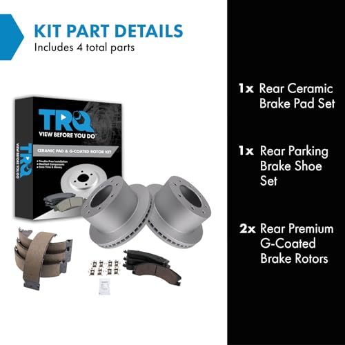 Image of TRQ Rear Brake Pad & Rotor Kit Parking Brake Shoe Set Ceramic Premium G-Coated Compatible with 2013-2017 Chevrolet Silverado 3500 HD GMC Sierra 3500 HD