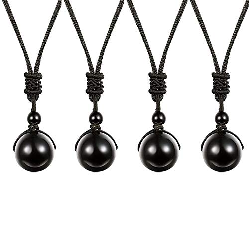 Schneespitze 4 Pcs Collier Perle Pierre Obsidienne Naturelle Ajustable Perles Rondes,Pendentif Perles Rondes Obsidienne Protection Reiki pour Homme Femme Cover