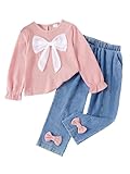 Axumity Kid Young Girl 2pcs Clothes Spring Summer Outfits Cute Sweet Bowknot Long Sleeve Bowknot Top + Denim Pants Set(5-6T)