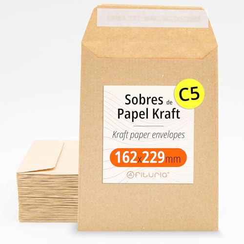 Kraftpapier-Umschläge, Umschläge für Dokumente, Geschenke, Hochzeitseinladungen und Versand, Robuste und Vielseitige Papiertüten für alle Gelegenheiten, Größe C5 - Ofituria (162x229, 50 Stück)