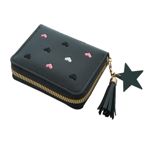 ZUWIJEQ Cartera negra para niñas con estampados de corazones, monedero para niñas, monedero con cremallera para niñas, monedero de cuero con borlas, niñas, adolescentes, mujeres, regalo
