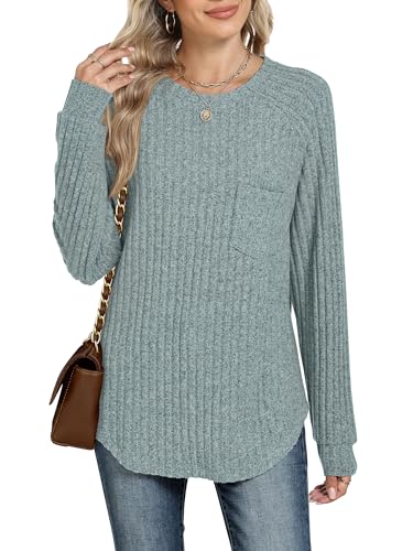 Ruisita Women's Long Sleeve Tops Lightweight Knit Jumpers Ladies Casual Loose Fit Sweatshirts Blue