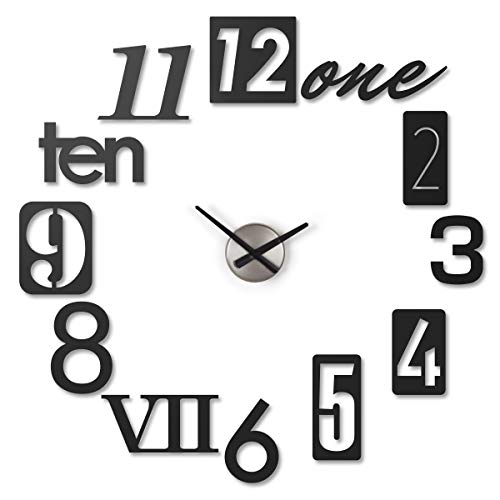 Umbra Numbra Modern DIY 3D, Easy to Paste Sticker Numbers, Frameless Large Decorative Wall Clock, Black