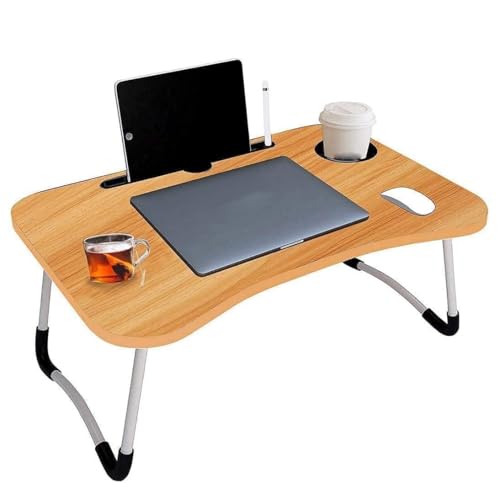 Besque Study Table Foldable Wooden Laptop Bed Tray Table, Multifunction Lap Tablet Desk with Cup Holder, Perfect for Eating Breakfast, Reading Book, Working, Watching Movie On Bed (Wooden)