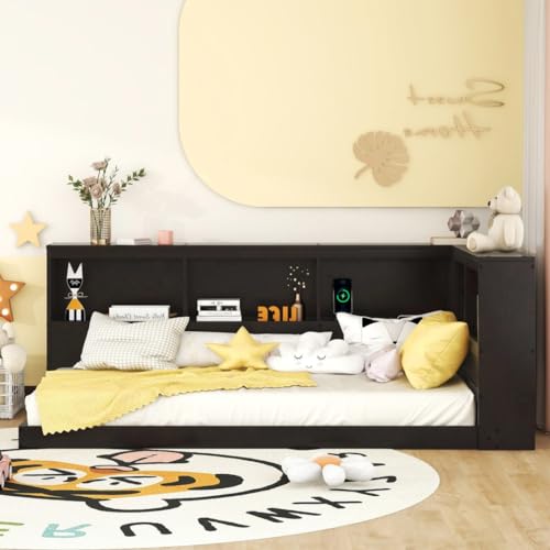 Cama doble con espacio de almacenamiento para biblioteca, en forma de L, puertos USB, cama de plataforma de pino para niños, adultos, espresso (Espresso Twin)