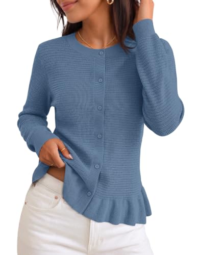 MEROKEETY Womens Button Up Cute Ruffle Cardigan Sweaters, Dustyblue, XL