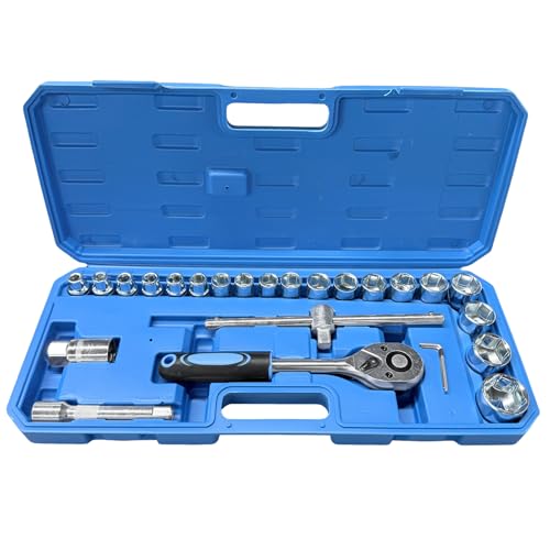 Jogo de Soquetes 1/2" 25 Peças com Chave Catraca Reversível, Conjunto de Soquete CR-V, Kit Mecânico Automotivo com Maleta para Mecânica, Oficina
