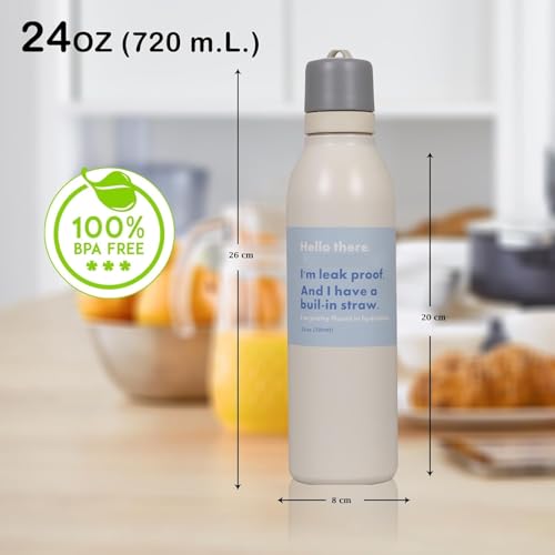 Image of Sports Water Bottle 24oz Leak Proof Stainless Steel Bottle with Built-In Straw Lid, BPA Free Reusable Drinking Bottle with Carry Loop for Gym Workout Travel Office (Ivory, 720 ml)