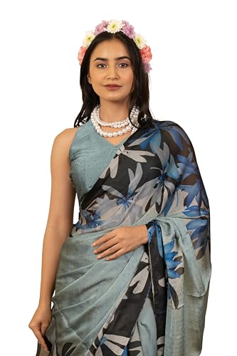 Image of MIRCHI FASHION Women Saree | Chiffon Rhinestone Embellished Floral Printed Office Sari with Blouse