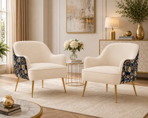 Image of Velvet Chair with Pillow for Home | Modern Accent Armchair in Soft Velvet Fabric with Golden Legs | Premium Accent Chair for Living Room Bedroom Restaurent | (Off White, Big Zara)