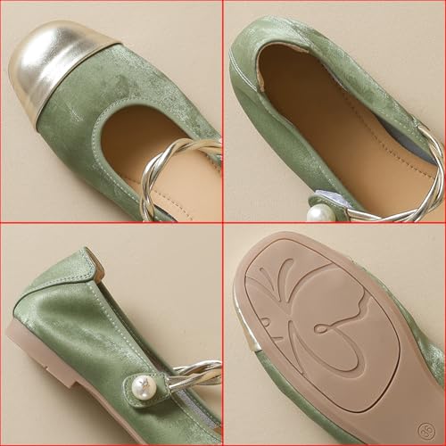 Women's Satin Pearl Mary Jane Flats with Hook and Loop Strap Fashion Round Toe Shallow Mouth Roll-Up Ballet Flats Comfortable Casual Foldable Soft Sole Wedding Guest Flats2