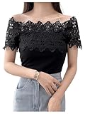 SweatyRocks Women's Off The Shoulder Top Floral Lace Short Sleeve Slim Fitted Tee Shirt Black Medium