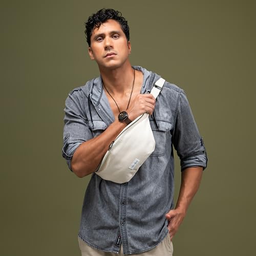 Image of The Peacock Crew Fanny Pack - Stylish Cotton Crossbody Bag for Men & Women - Adjustable Strap, Dual Zipper - Premium Fabric Shoulder Bag, Trekker Beige