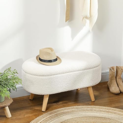 Image of Upholstered Ottoman Bench with Storage, Boucle Fabric, 39 Litre Hidden Storage, Heavy Duty 120 Kg Load Capacity, Multipurpose Seating for Living Room & Bedroom, Off White