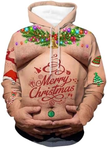 Kersthoodie voor heren, kersttrui, rendier, grappige 3D mannensweater, ronde hals, warm, lelijk sweatshirt, kersttrui met capuchon, lelijke kerst, groen, XXL