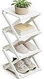 Schuhregal aus Bambus, keine Montage erforderlich, hoher schmaler faltbarer Schuh-Organizer, platzsparendes Multifunktionsregal für Eingänge, Ecken, Schlafzimmer, Balkon, 4-lagig, Weiß (verstärkt und