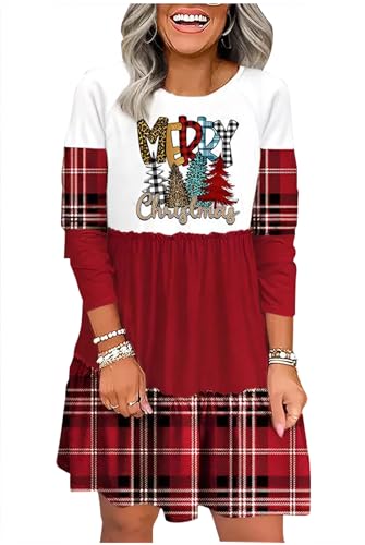 Christmas Dresses for Women Merry Christmas Tree Plaid Leopard Tunic Dresses Long Sleeve Color Block Ruffled Mini Dress(Christmas/Red-1,X-Large)