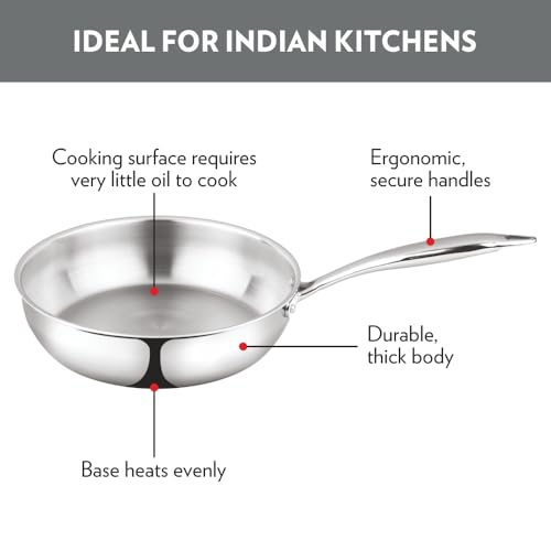 Image of Borosil Cookfresh 1.3L Tri-ply Stainless Steel Frypan with Handle | Gas, Induction Compatible | SS304 Food Grade Steel 20cm Frying Pan | Even Heat Distribution | Dishawasher Safe | 5 Year Warranty
